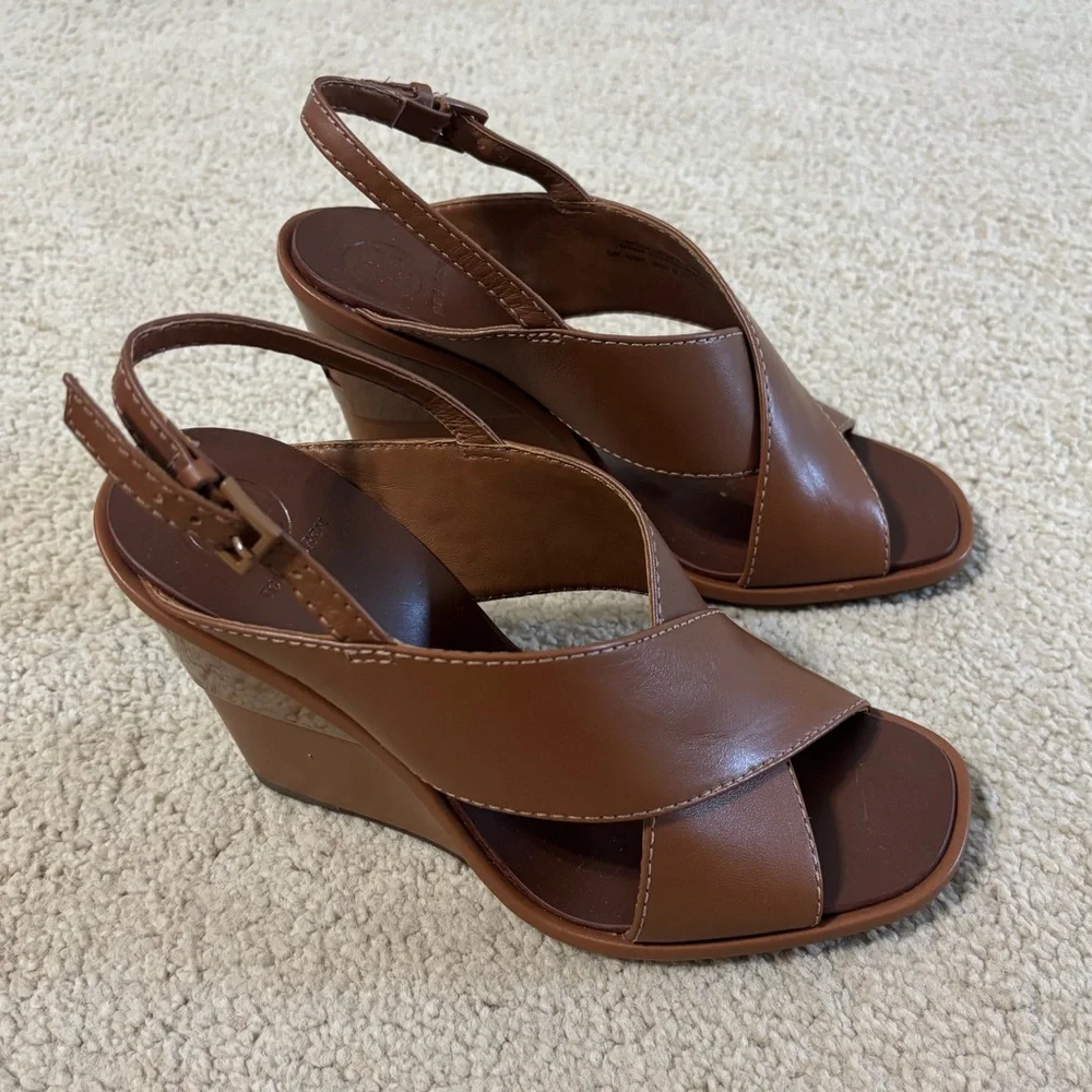 Tory Burch Gabrielle Wedge Sandals in tan leather